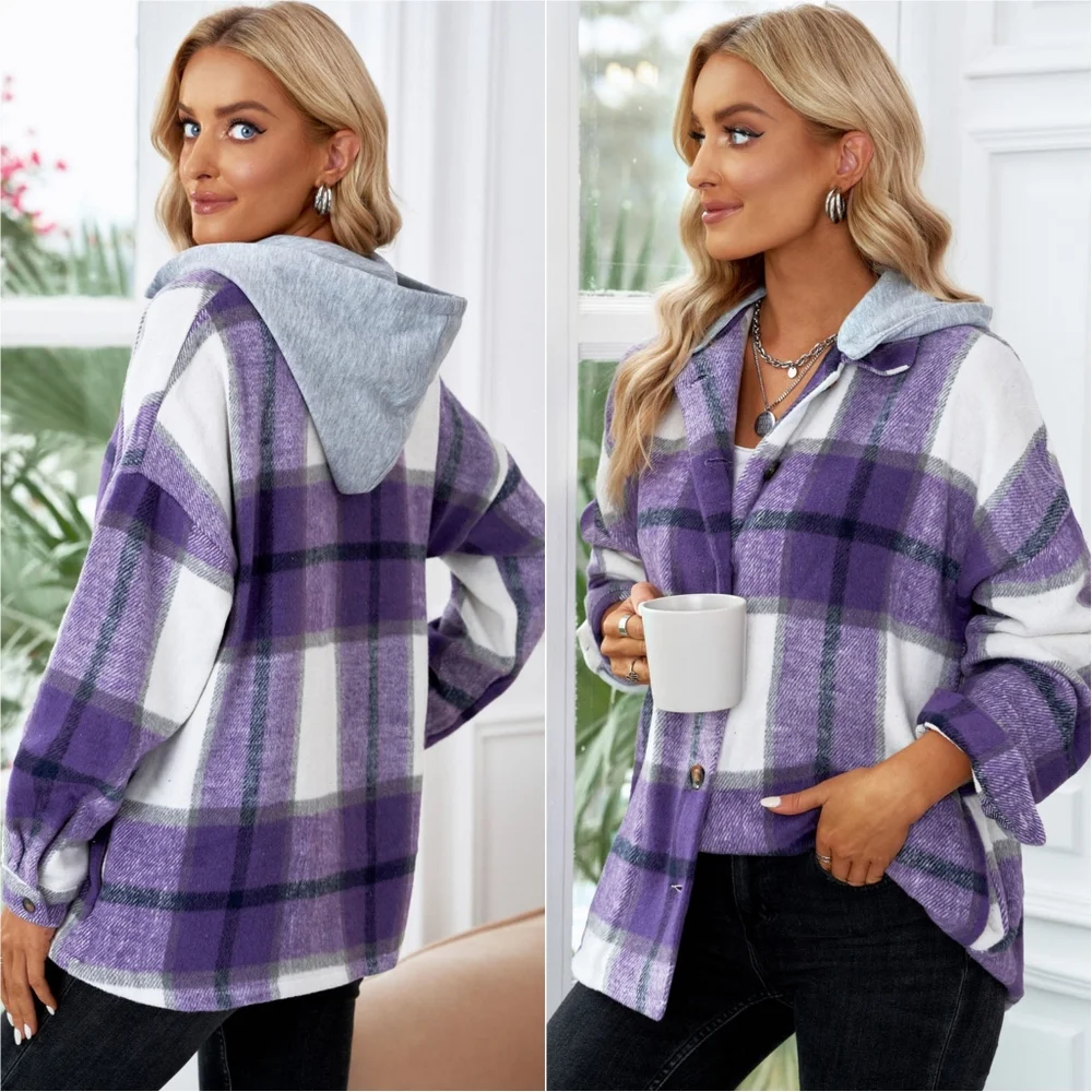 Highland Plaid Button-Up Jacket - Purple - Picture 2 of 5